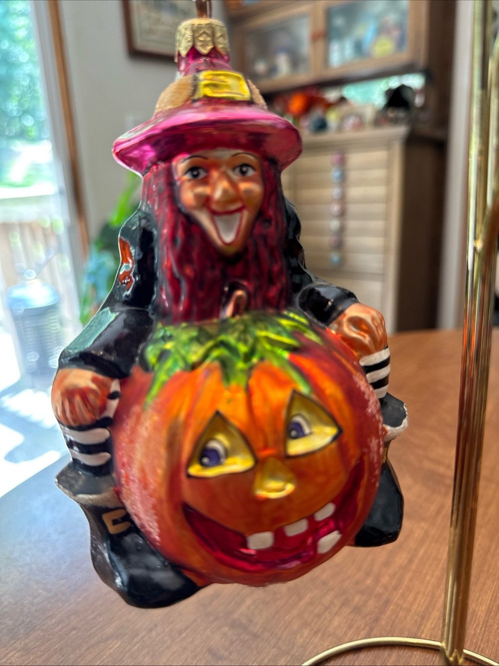 Christopher Radko Orange Pumpkin Witch Ornament with Pink and Black Accents